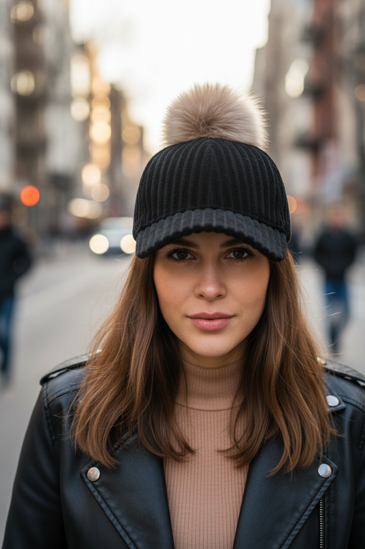 Black knitted cap with a large beige fur pom-pom on a white background