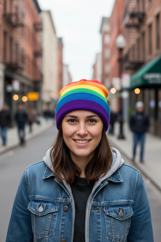 Rainbow striped beanie on a white background