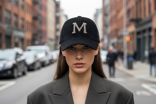 A selection of black velvet baseball caps with different letters embroidered on them, displayed on a table.