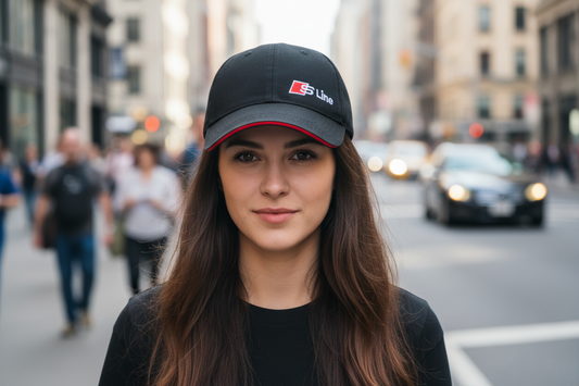 Black cap with a logo on a white background