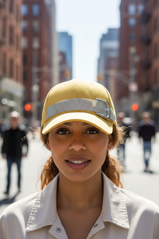 Yellow cap with a silver bling band on a white background