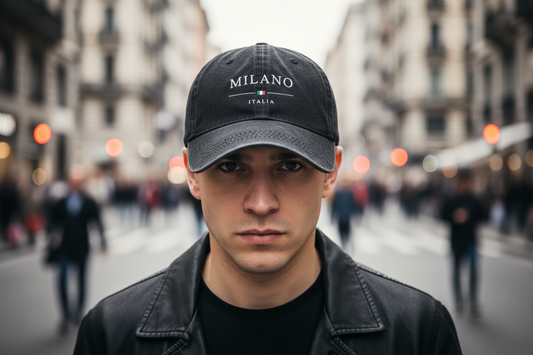 Black cap with 'MILANO ITALIA' text and flag on a white background