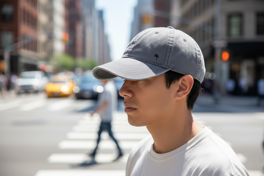 A gray baseball cap made of washed denim with a round top and a small logo on the front.