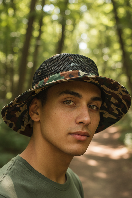 Camouflage-patterned sun hat with mesh back on a white background
