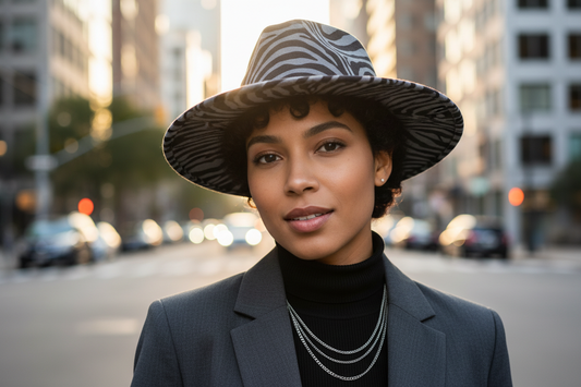 A fedora hat with zebra print design and a brown belt around the base.