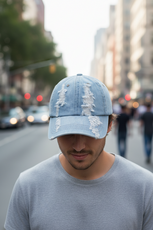 Denim cap with distressed details on a white background