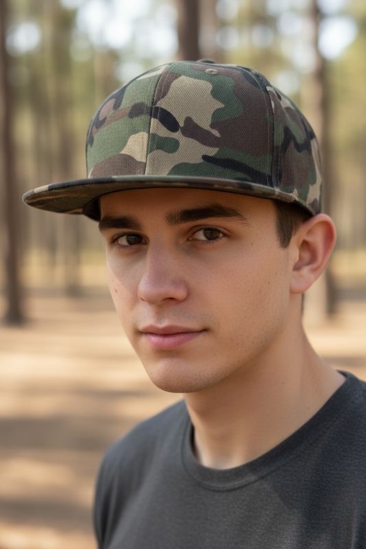 A camouflage pattern snapback baseball hat with a flat brim and no visible embroidery.