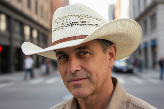 White straw hat with a brown band on a white background