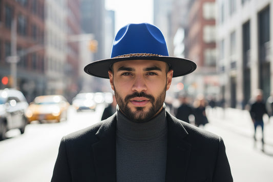 Blue fedora hat with a gold chain on a white background
