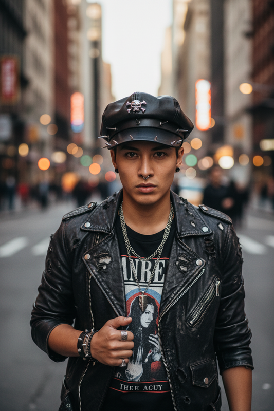 Black leather cap with skull and crossbones design and spikes on a white background