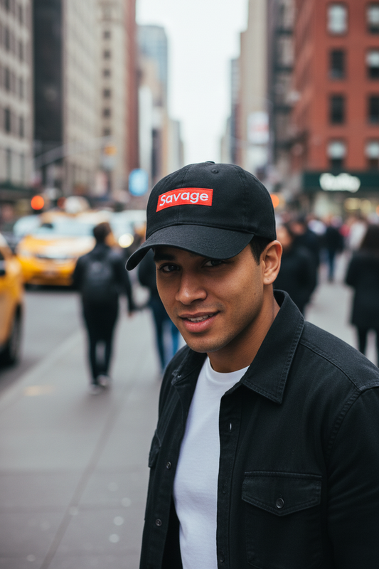 Black cap with 'Savage' logo on a white background