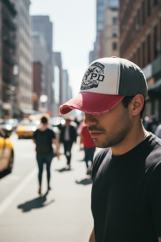 A collection of washed old baseball caps in various colors, featuring a distressed design and a logo on the front.
