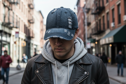 Denim cap with distressed details on a white background