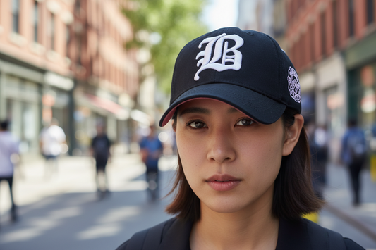 A white baseball cap with a gold embroidered letter 'B' on the front and a small gold emblem on the side.