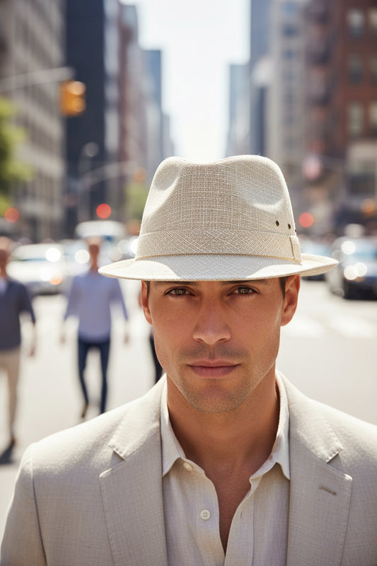 Beige fedora hat with a checkered pattern on a white background
