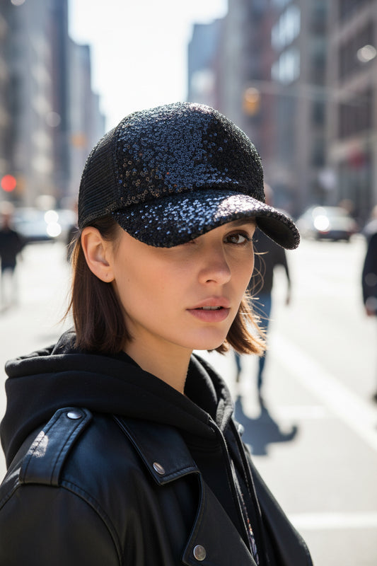 Black sequin baseball cap on a wooden surface with a white tiled wall background