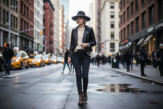 Black fedora hat with a decorative band featuring a turquoise stone on a white background