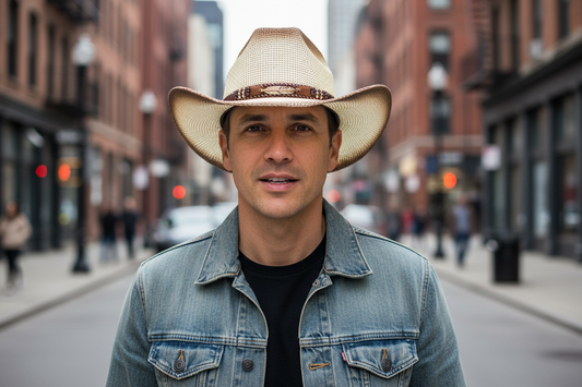 Beige straw cowboy hat with a brown leather band on a white background