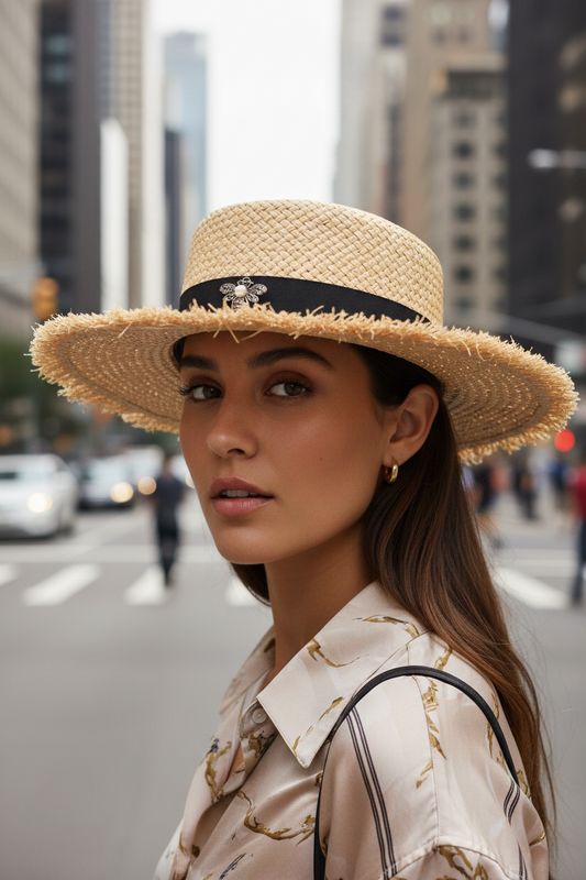 Beige straw hat with a black band featuring a bee emblem on a white background
