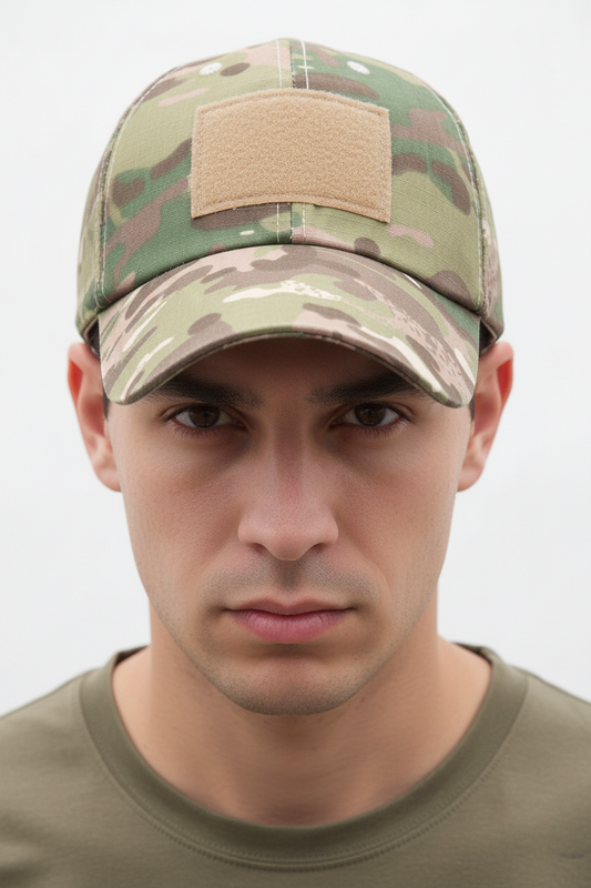 Camouflage baseball cap with a patch on a white background