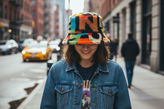 Multicolored fuzzy bucket hat on a white background