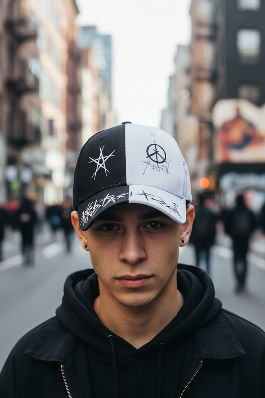 Black and white cap with black designs on a white background