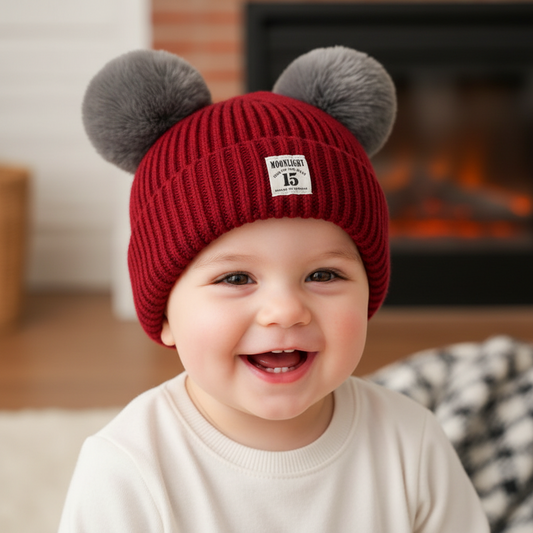 Red knit beanie with gray pom-poms on a white surface