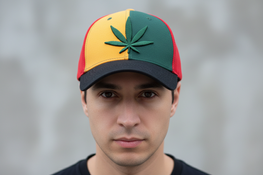The image displays a stylish Maple leaf hat, featuring a vibrant mix of colors including red, yellow, green, and black. This baseball cap is crafted from cotton and boasts a dome-shaped top, adorned with a bold, embroidered maple leaf design that adds a distinctive touch.
