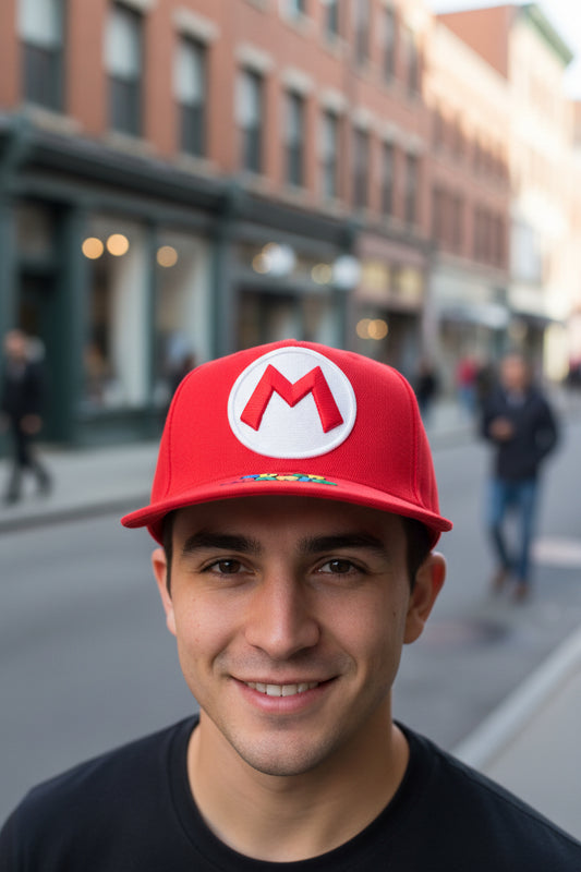 Red cap with 'M' logo and 'Super Mario' text on a white background