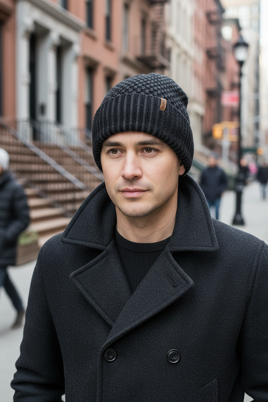 Dark gray knit beanie with a brand label on a white background