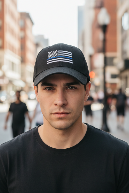 A black baseball cap with a embroidered flag featuring a stripe pattern.