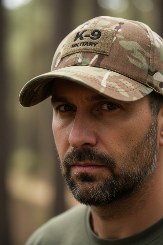 A collage of four tactical baseball caps in different patterns including camouflage and solid colors, with some featuring a 'K-9' patch.