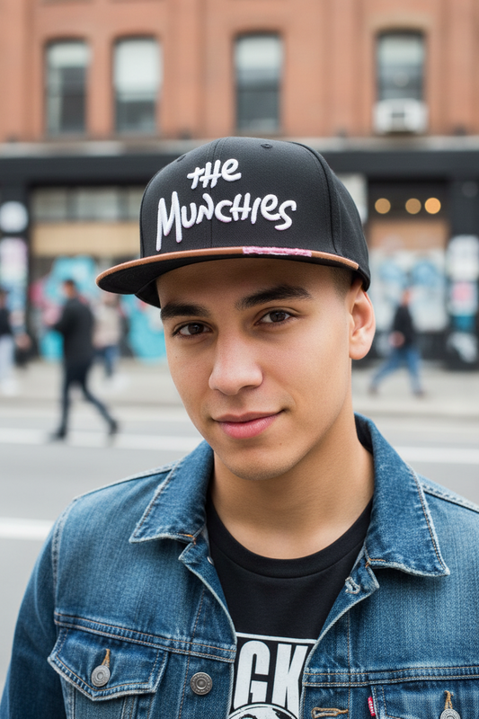 Black cap with pink brim and 'the Munchies' text on a white background