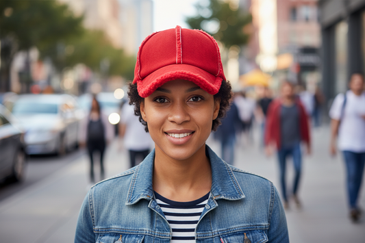 Red fleece-lined baseball cap on a white background