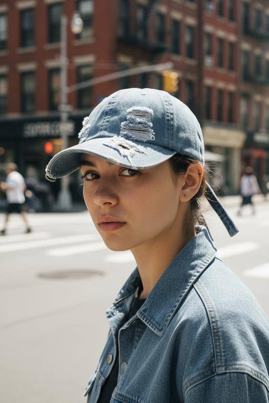 A blue denim baseball cap with a heart-shaped cut-out in the front.