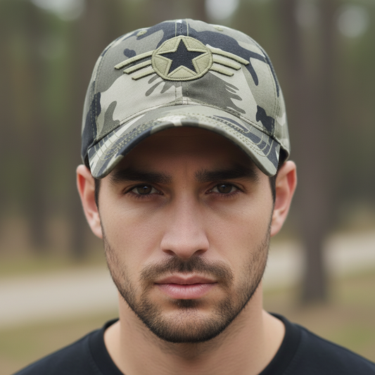 Camouflage baseball cap with star and stripe design on a white background