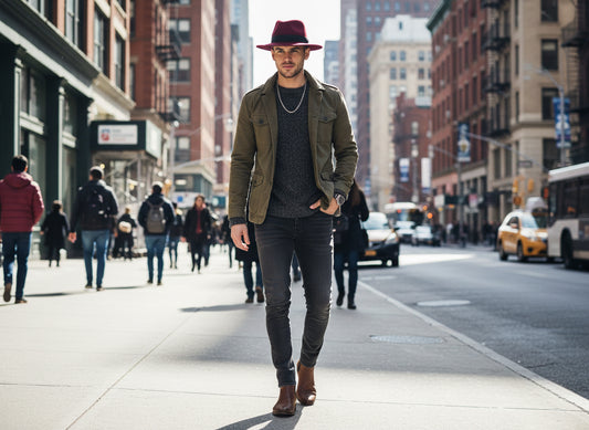 Maroon fedora hat with a black band on a white background