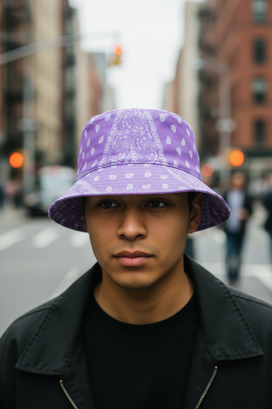 Purple bucket hat with white bandana pattern on a beige background