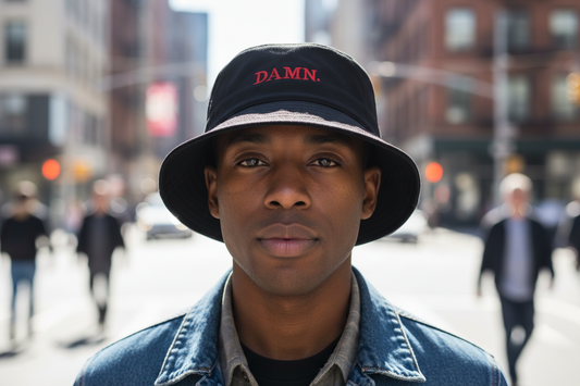 Black bucket hat with red 'DAMN.' text on a white background