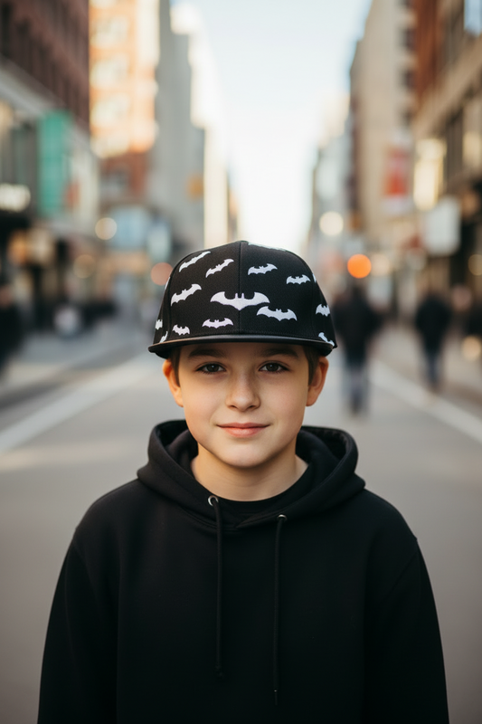 A collection of baseball caps with a bat print design, displayed in black, white, red, and blue colors.
