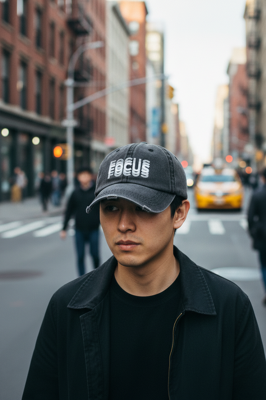 Black cap with 'FOCUS' text on a white background