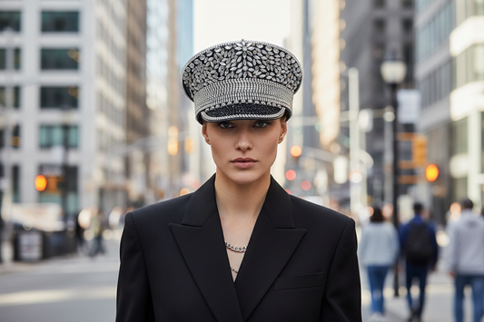 Decorative hat with rhinestones on a white background