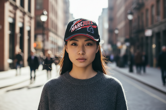 Black cap with red and white text on a white background