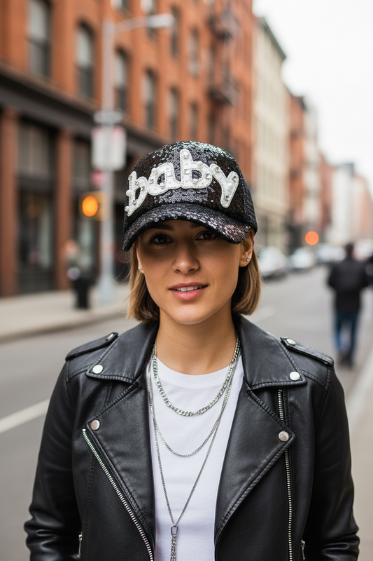 A blue sequin baseball cap with the word 'BASEBALL' written across the front in sequins.