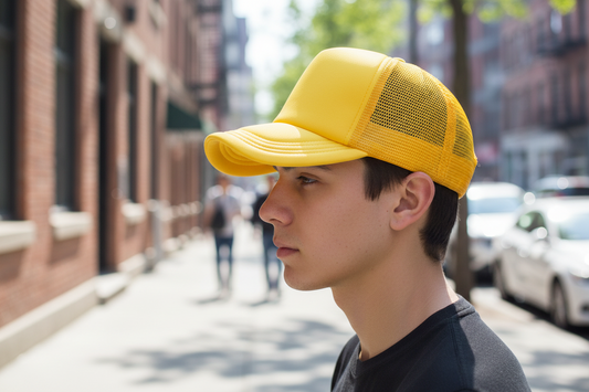 Yellow mesh cap on a white background