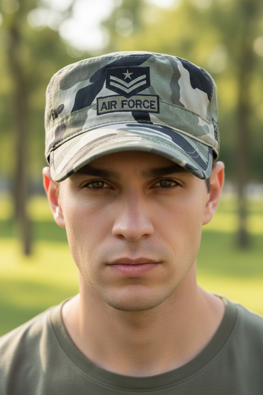 Camouflage military cap with 'Air Force' and 'U.S. Army' patches on a white background