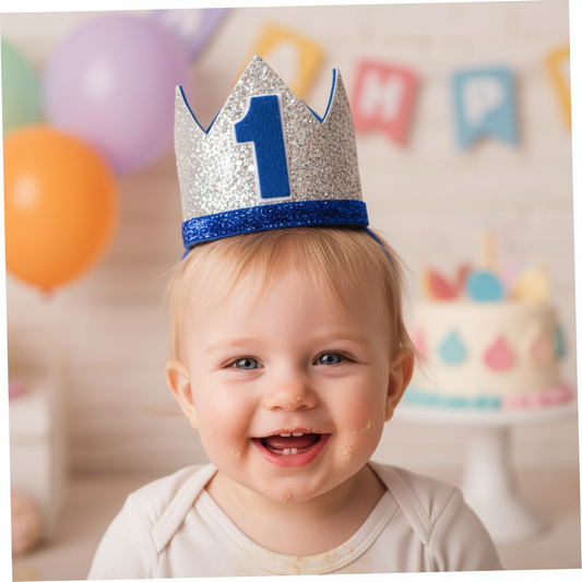 Silver glittery birthday crown with a blue number '1' on a white background