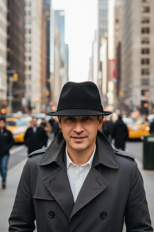 A gray woolen top hat with a curved brim and a satin band.