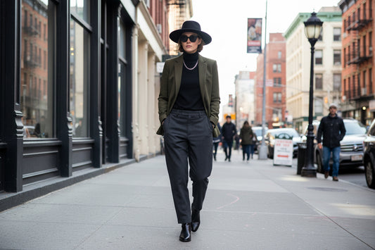 Black fedora hat on a white surface with a green leaf