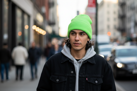 Neon green beanie on a light gray background